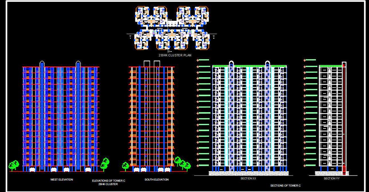 2 BHK Group Housing Tower Design DWG with Elevations